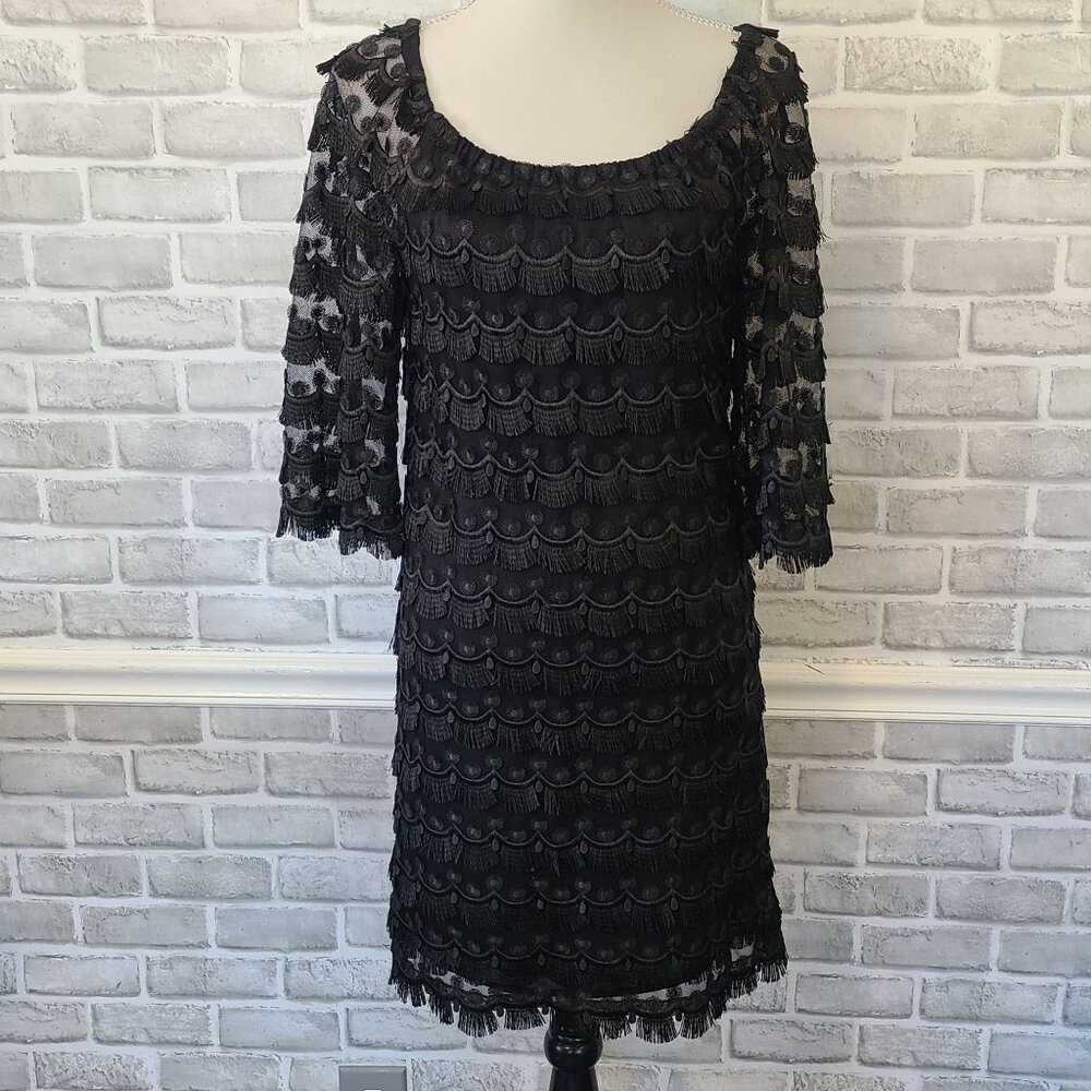 Trina Turk Black Lace Tiered Shift Dress Glam Goth Cocktail Lined Party Whimsey